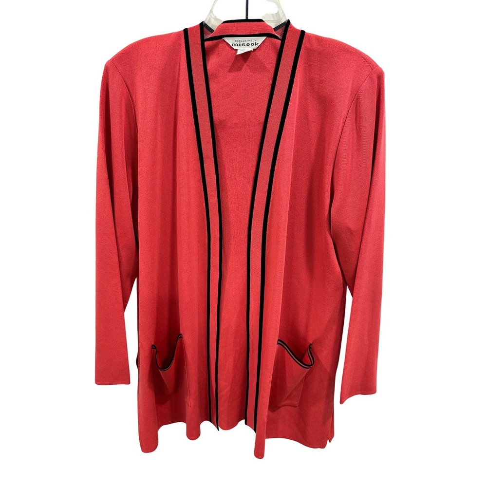 Exclusively Misook Cardigan Large Coral‎ Pink Black Trim Open Front Knit Jacket
